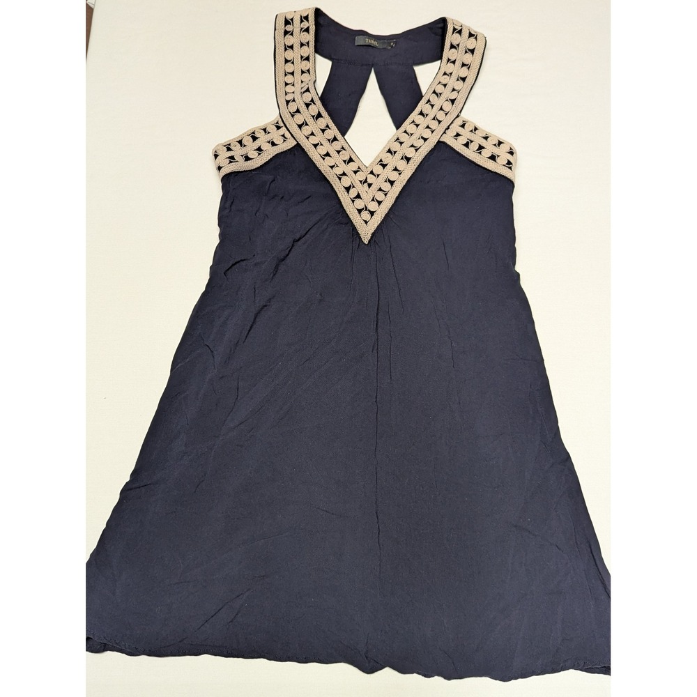 THML Navy Blue Crochet Trim‎ Racerback Mini Dress Small Boho V-Neck Cutout